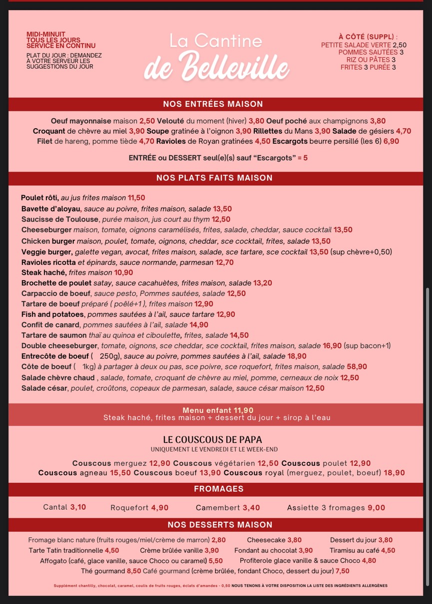 La cantine de Belleville menu 4