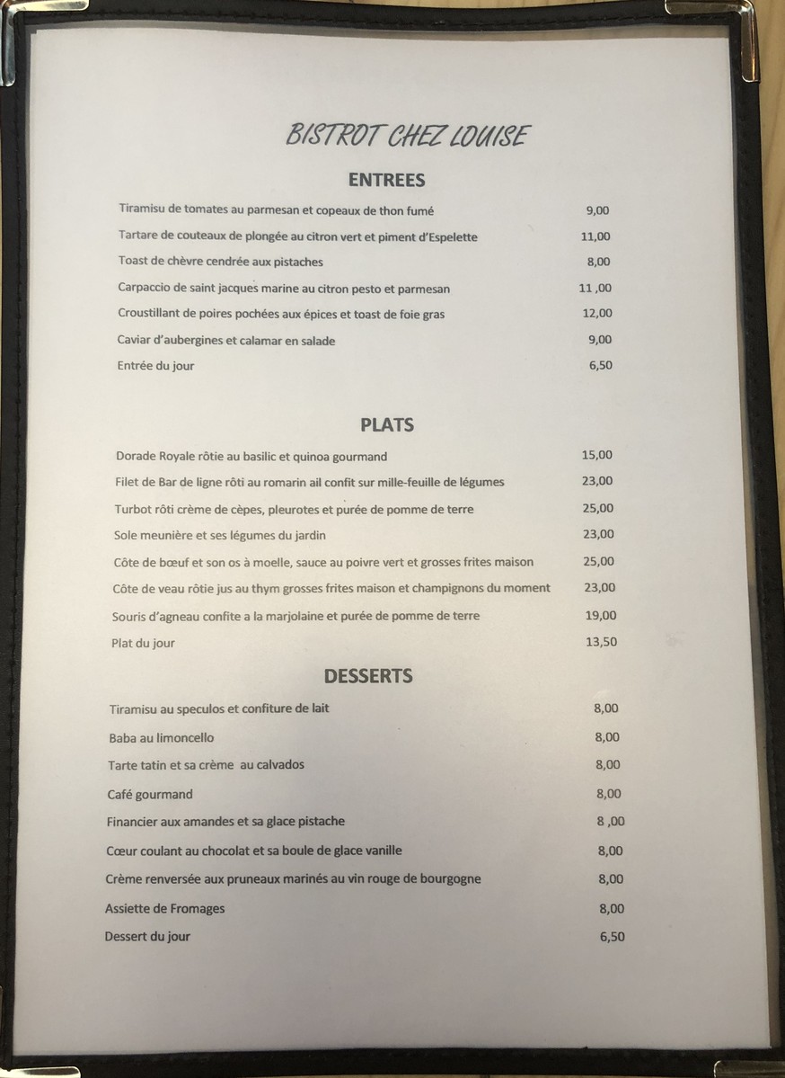 Chez Louise menu 1