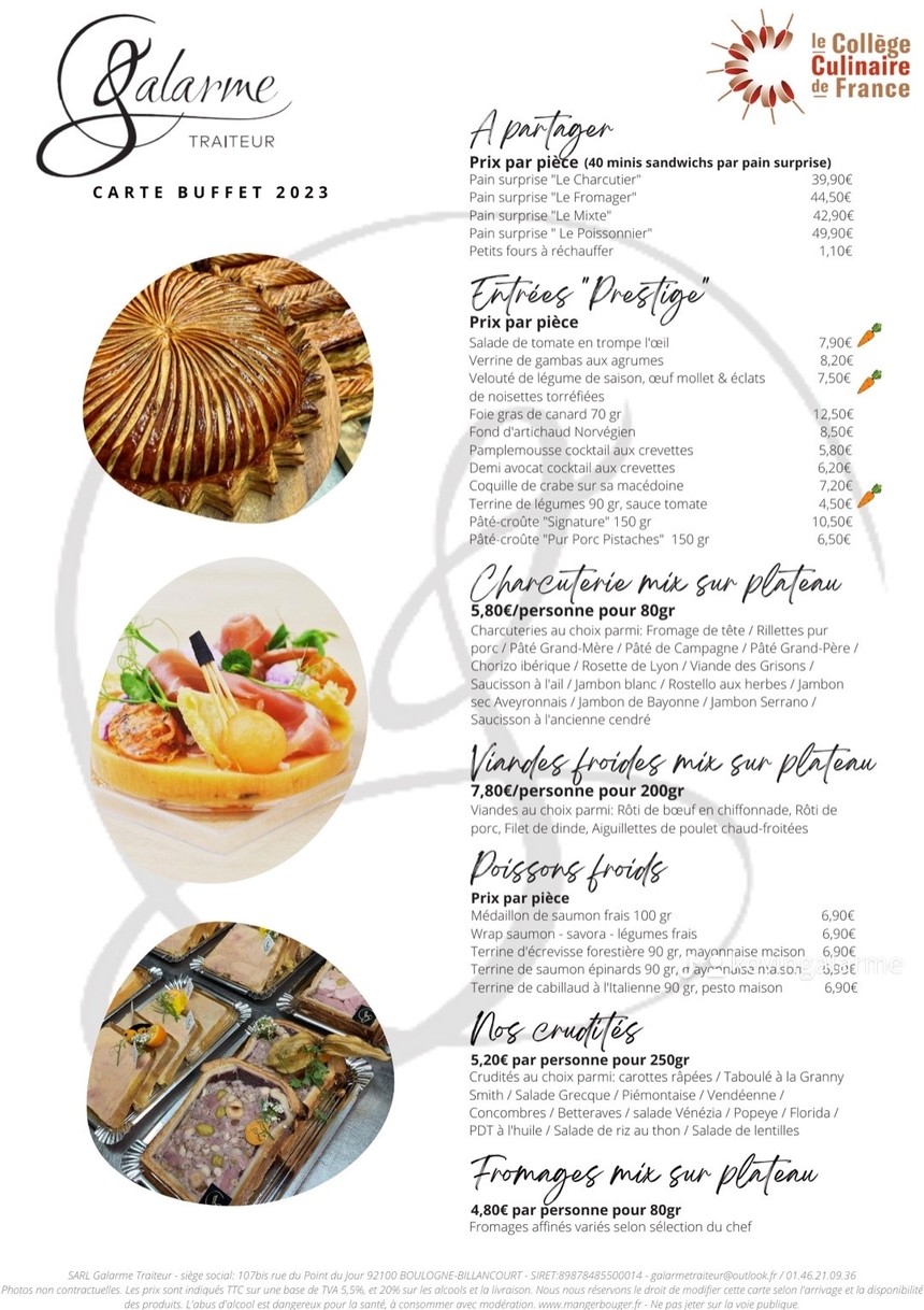 Galarme Traiteur Boulogne menu 1
