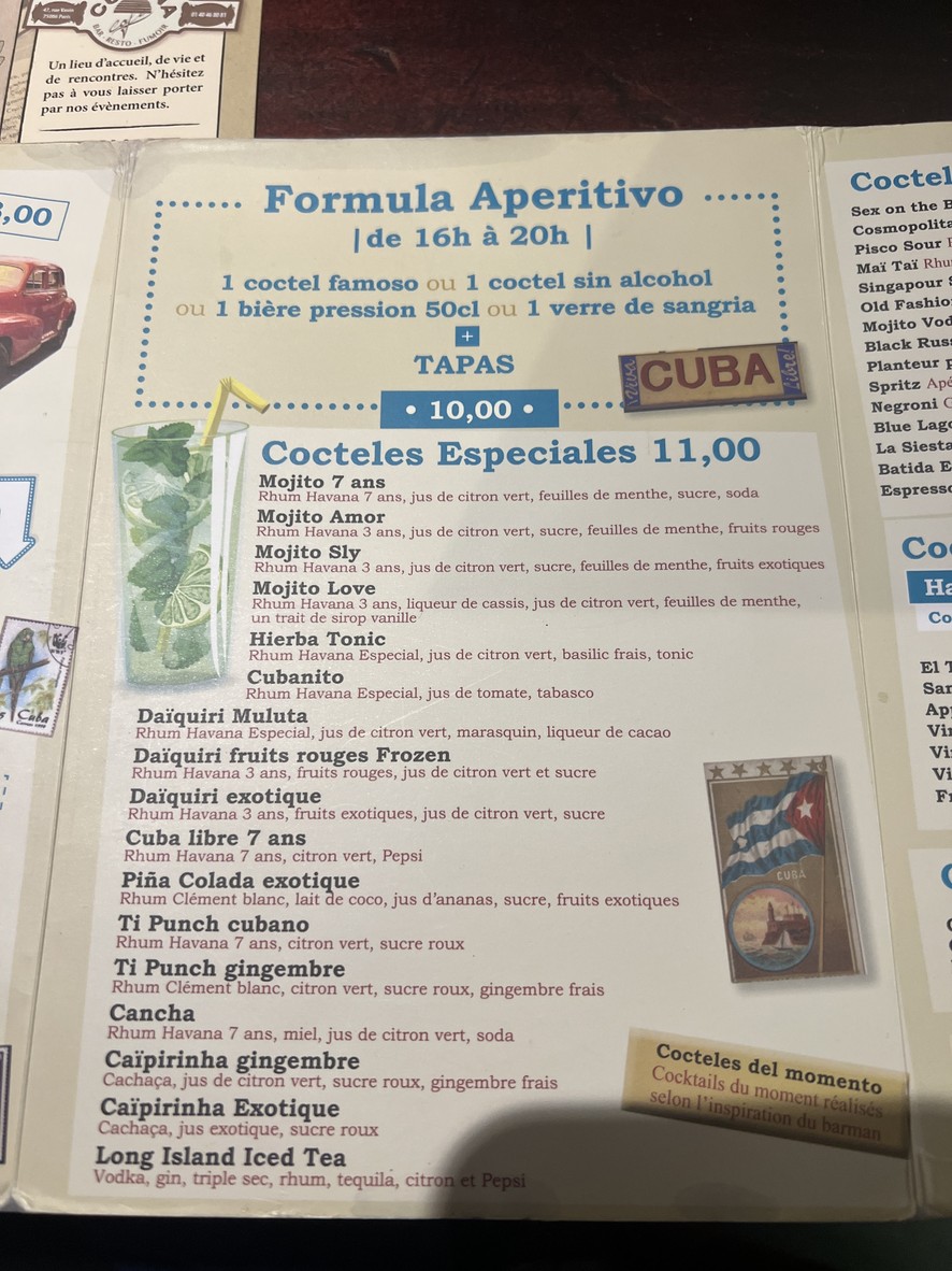 Cubana Café , Soirées Salsa, Bar à Cocktails, Bar de nuit, Fumoir, Restaurant Montparnasse, Evjf,Evg. menu 1