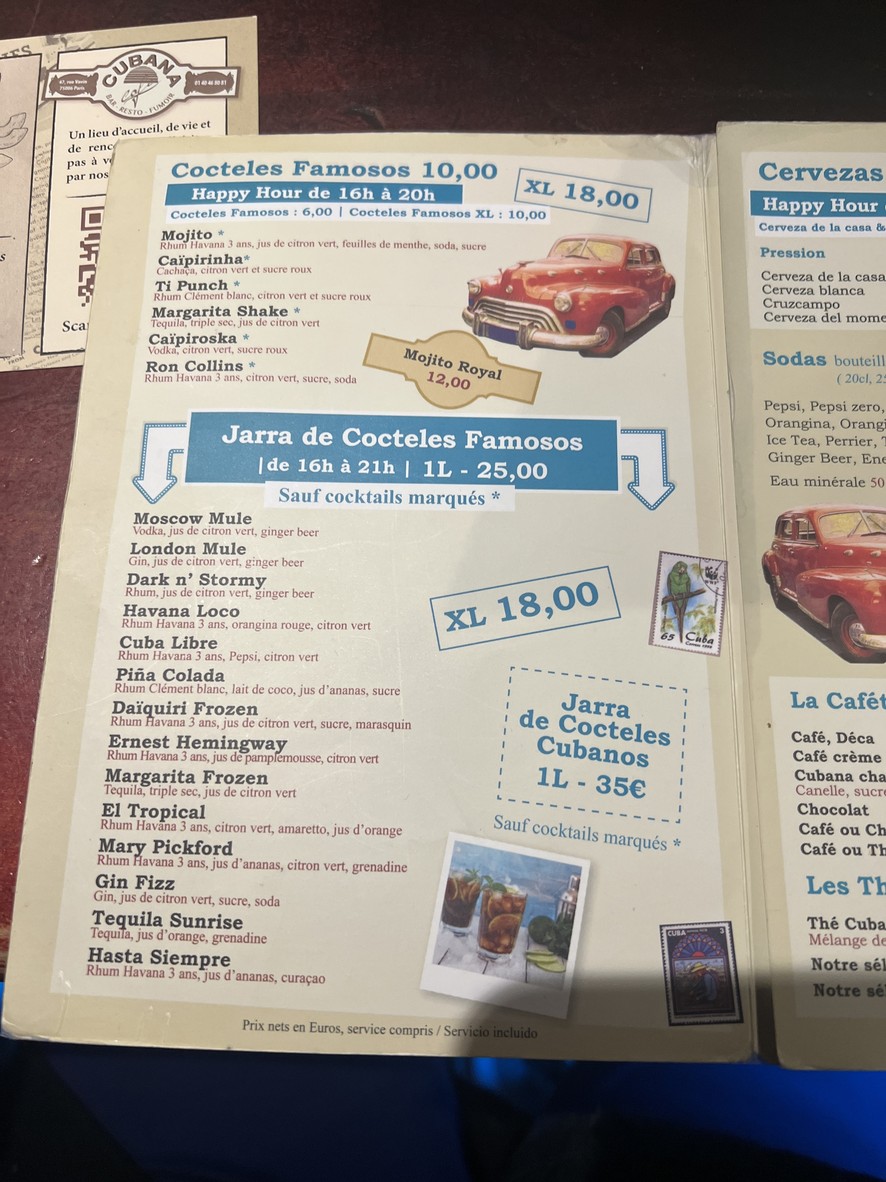 Cubana Café , Soirées Salsa, Bar à Cocktails, Bar de nuit, Fumoir, Restaurant Montparnasse, Evjf,Evg. menu 2