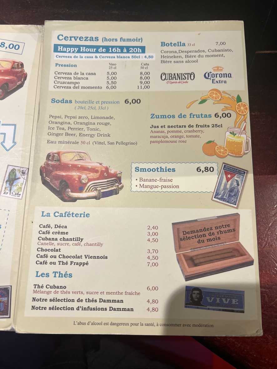 Cubana Café , Soirées Salsa, Bar à Cocktails, Bar de nuit, Fumoir, Restaurant Montparnasse, Evjf,Evg. menu 3