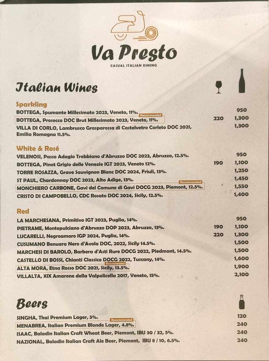 Va Presto (The Up) menu 2