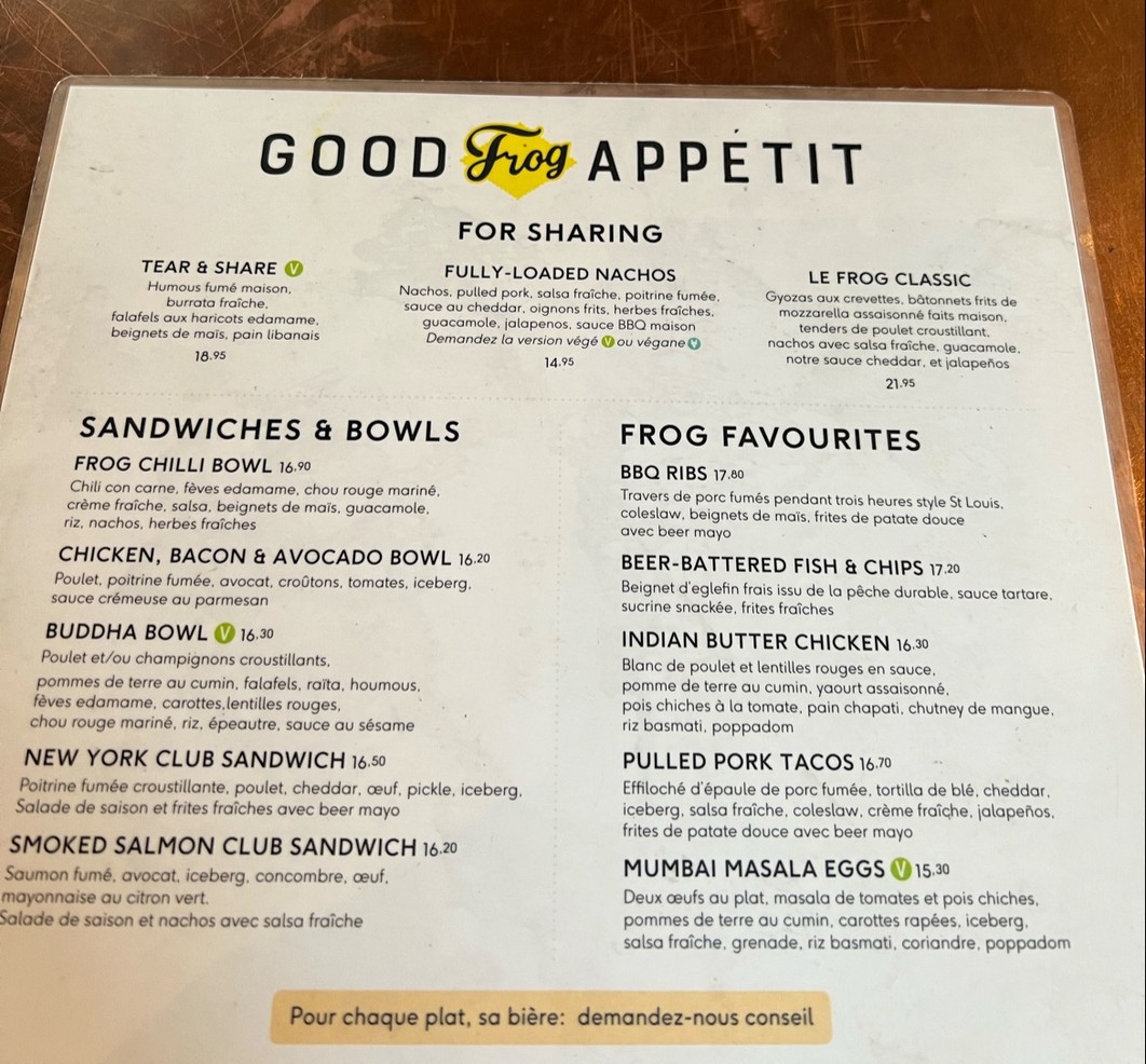 The Frog & British Library menu 1