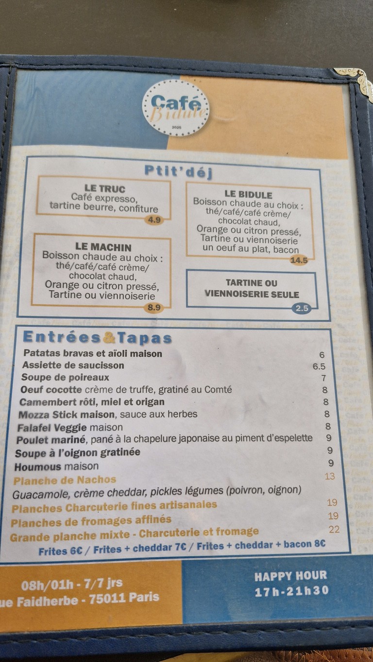 Le Bidule menu 1
