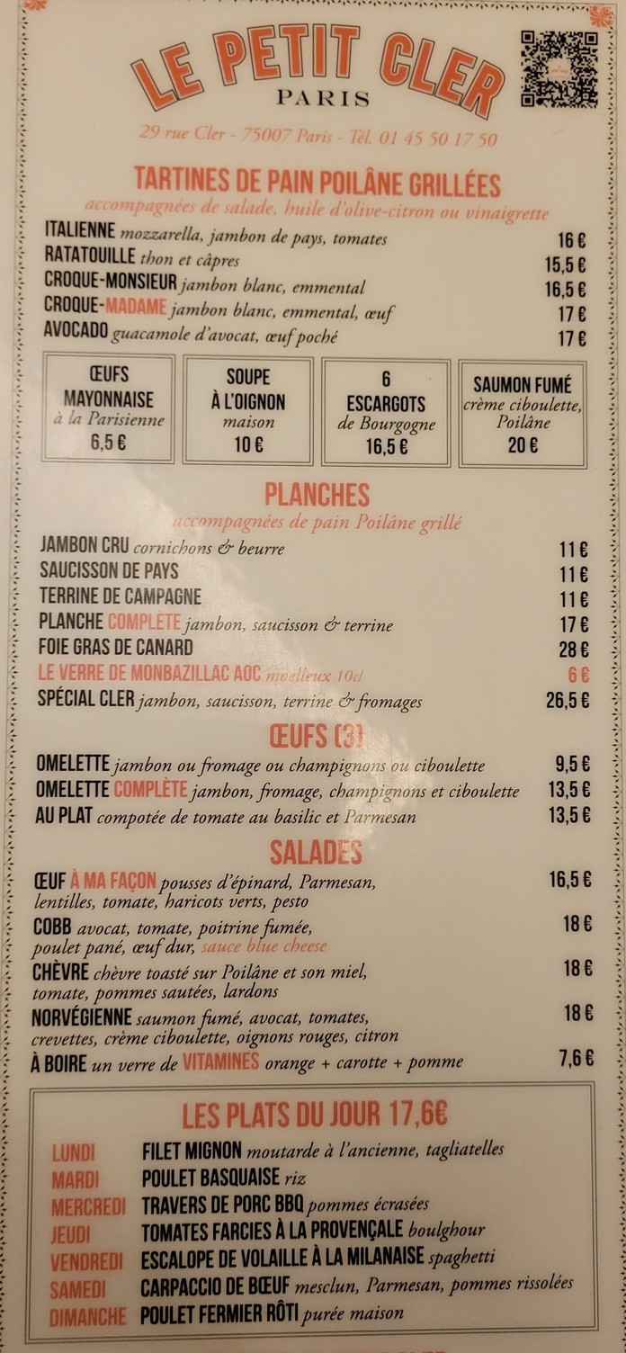 Le Petit Cler menu 1