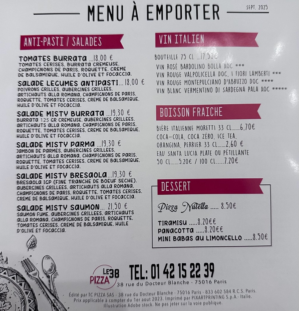 LE 38 PIZZA menu 1