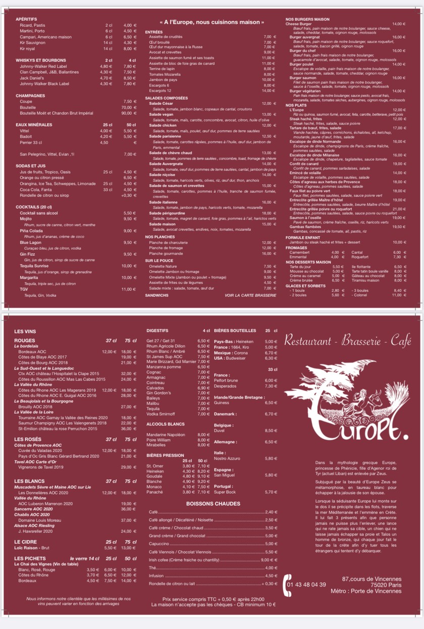 Brasserie de L'Europe menu 1