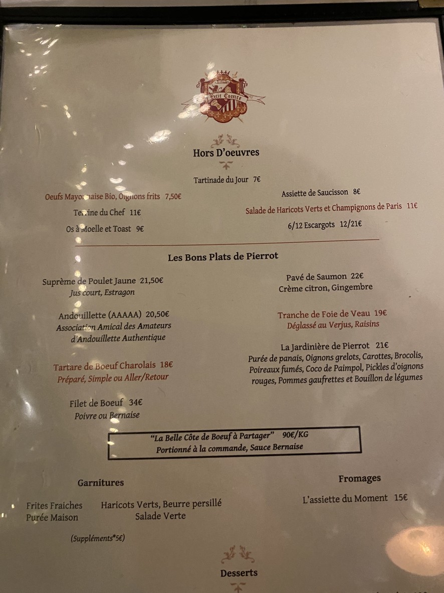 Le Petit Comte « Bouillon Boulogne » menu 1