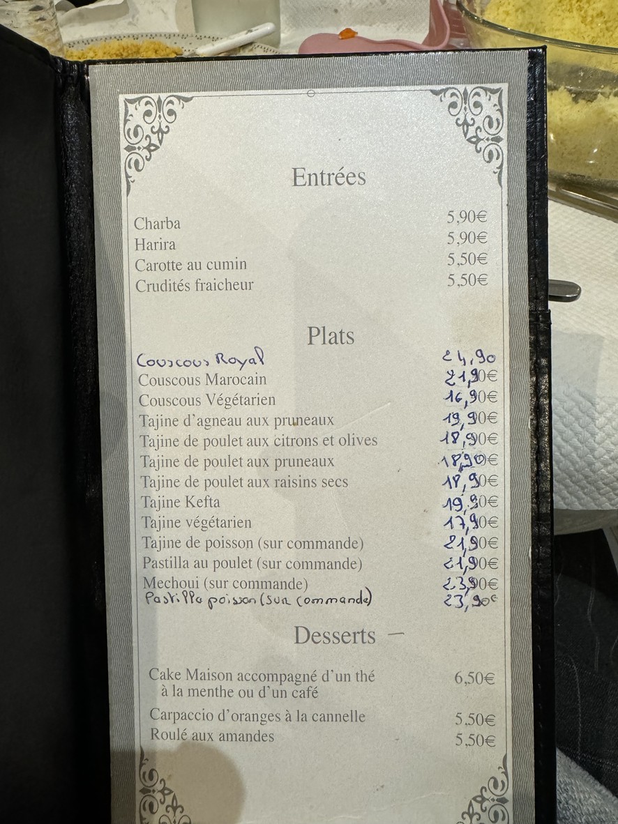 L’Étoile du Maroc menu 1