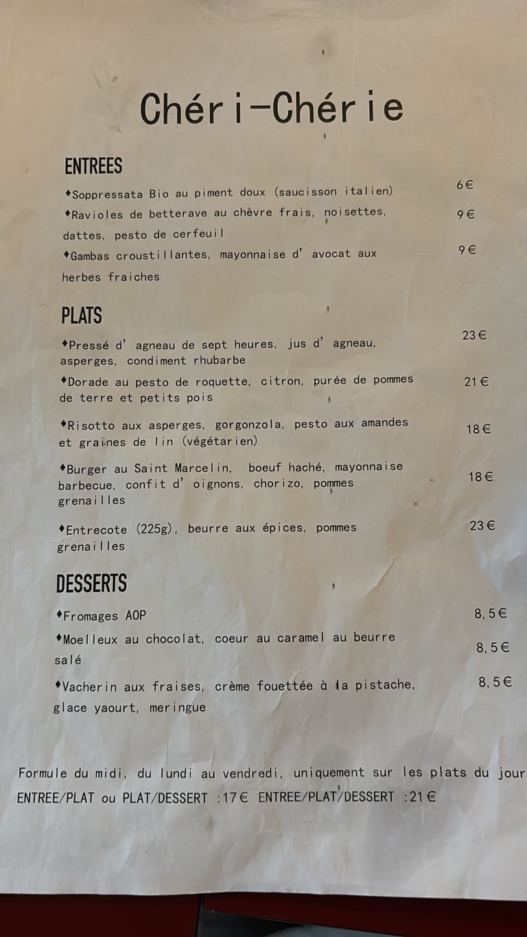 Chéri-Chérie. menu 1