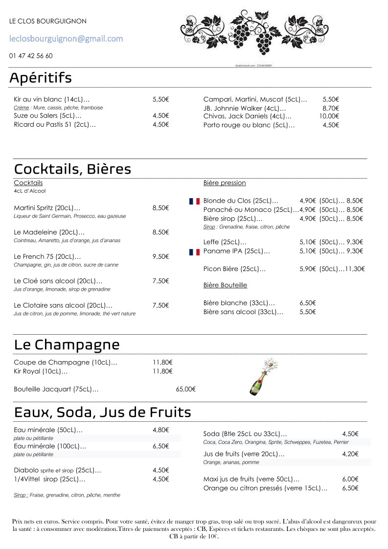 Le Clos Bourguignon menu 1
