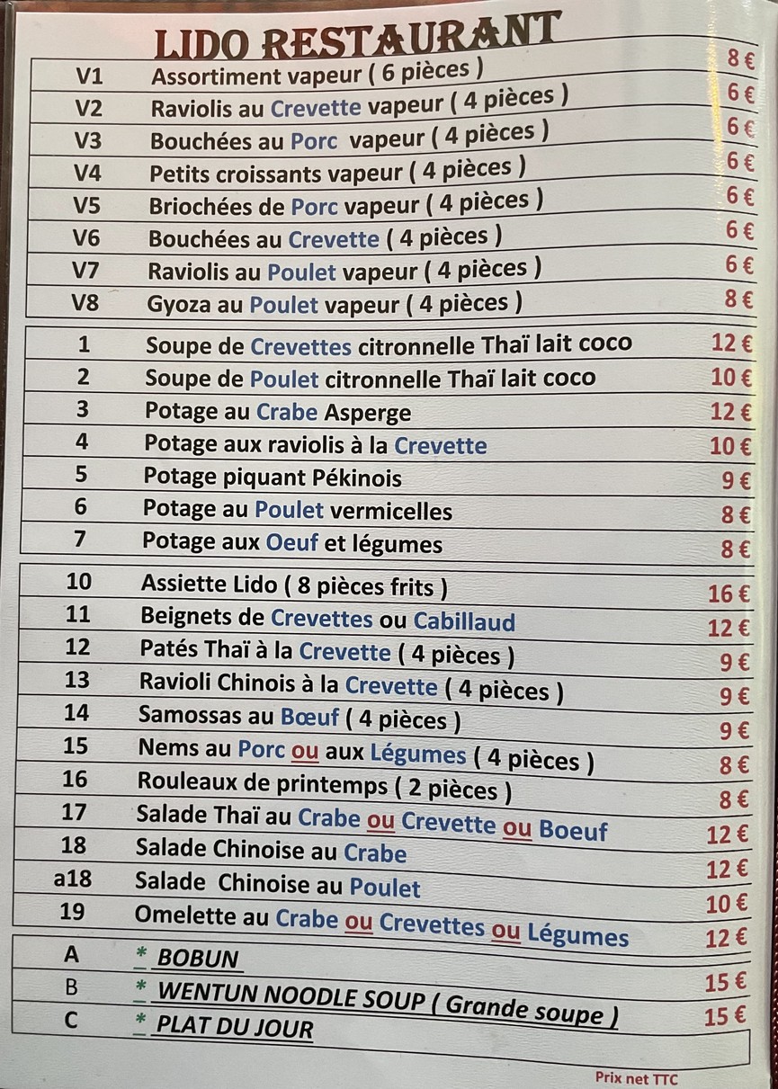 Lido Restaurant Chinois menu 1
