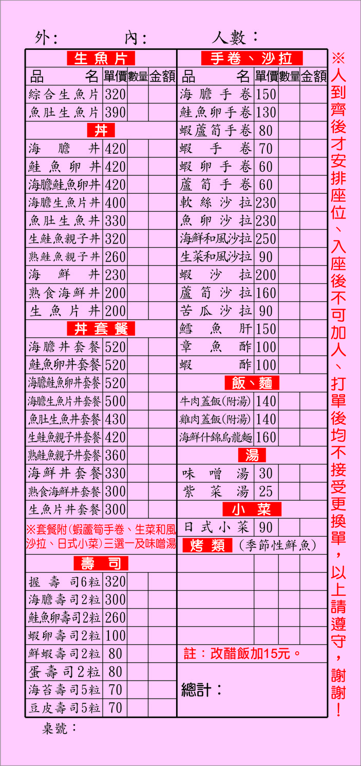Luo jiao Ri shi liao li menu 1