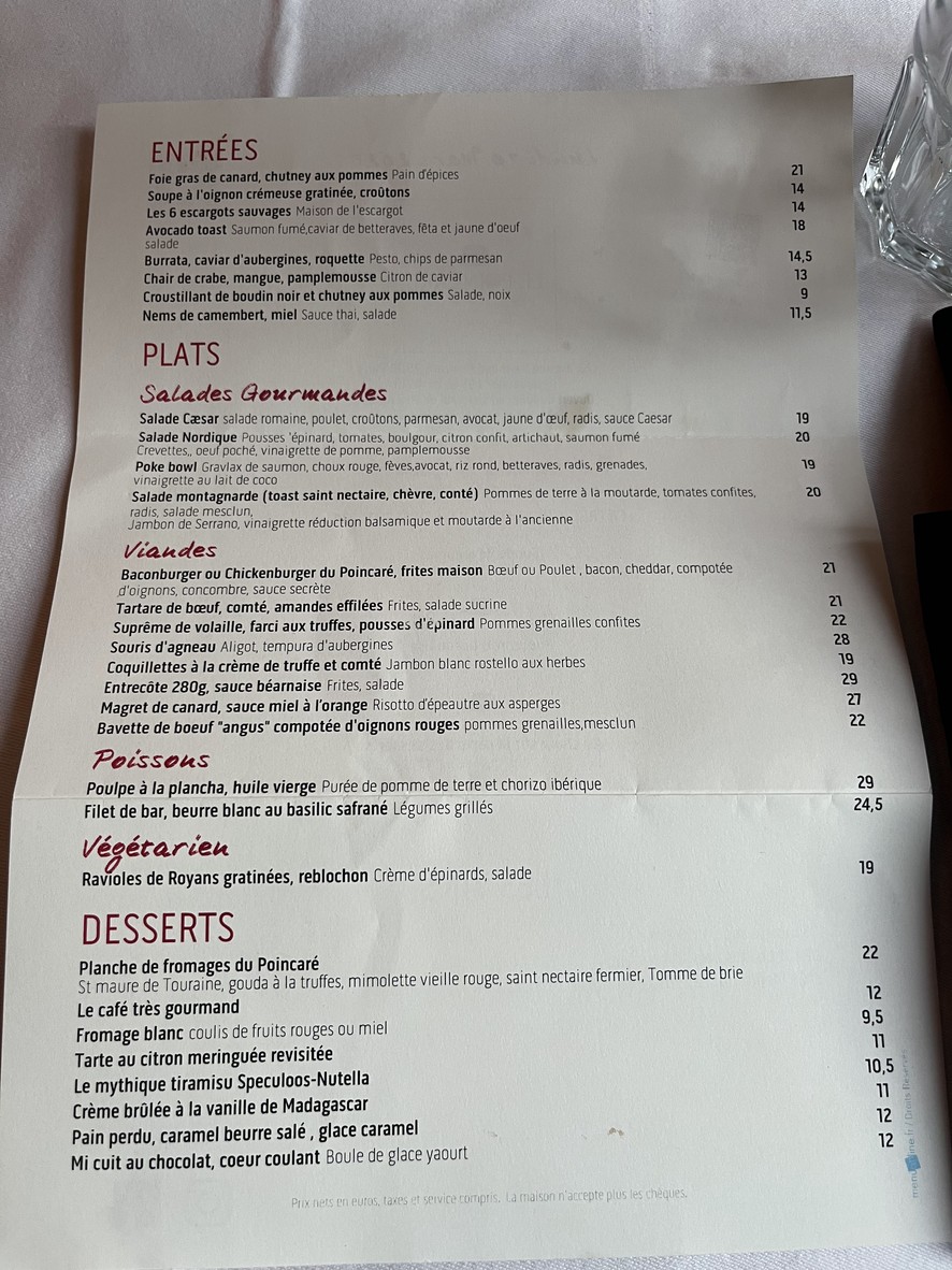 Bistrot Le Poincaré menu 1