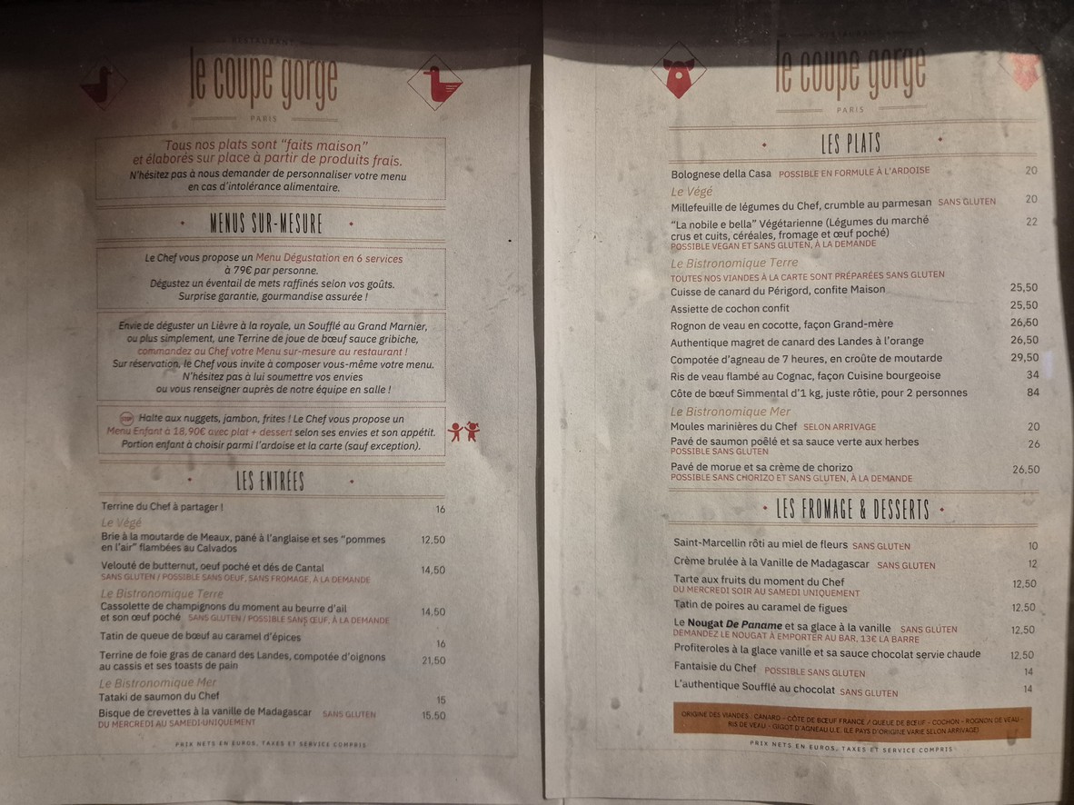 Le Coupe Gorge menu 1