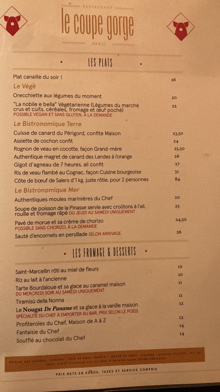 Le Coupe Gorge menu 2