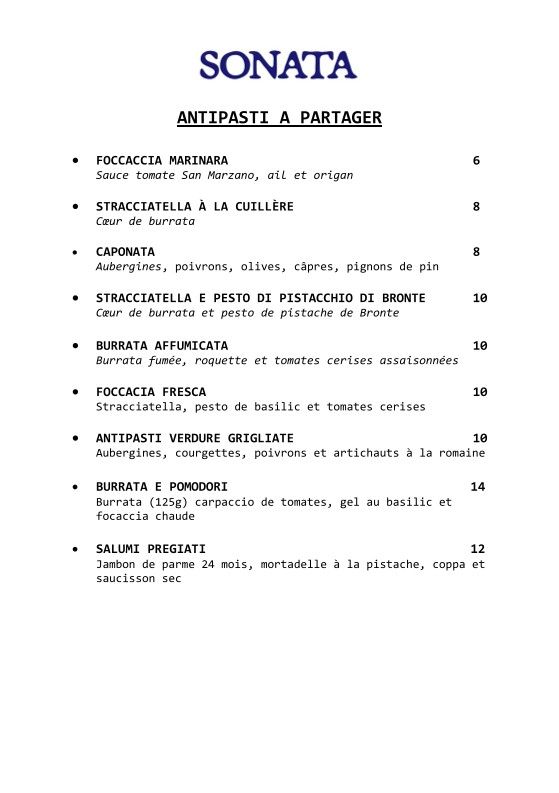 Sonata Pizzeria Brochant menu 1