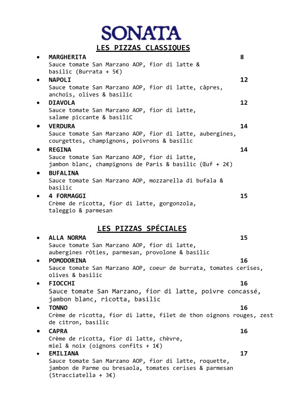 Sonata Pizzeria Brochant menu 2