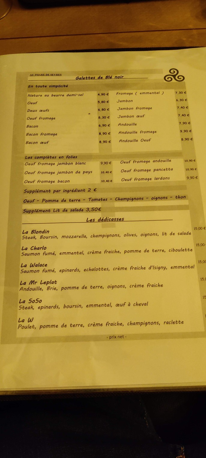Crêperie Au phare de Sèvres menu 1