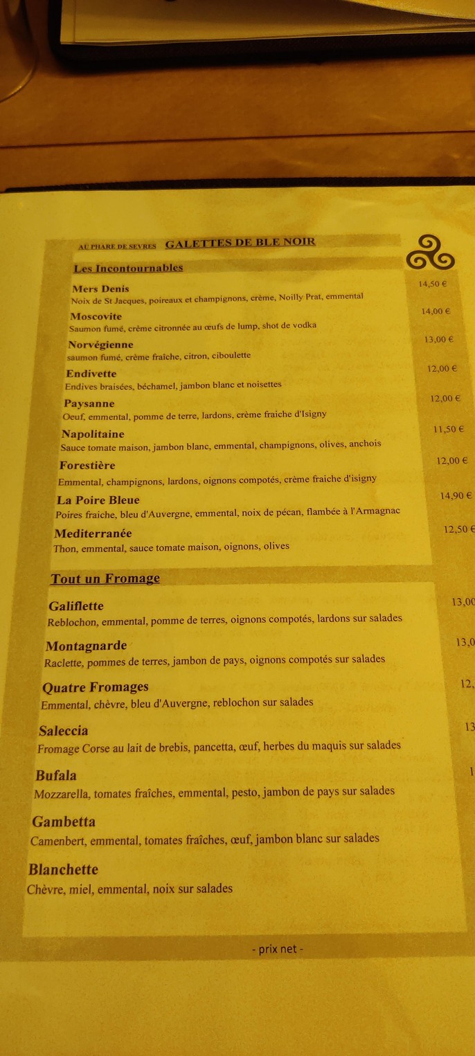 Crêperie Au phare de Sèvres menu 2