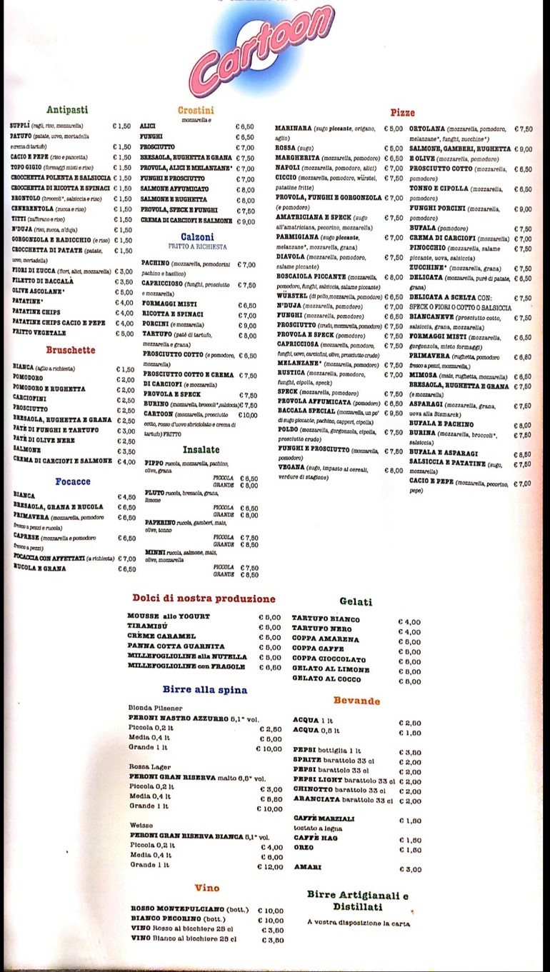Cartoon Pizzeria menu 1