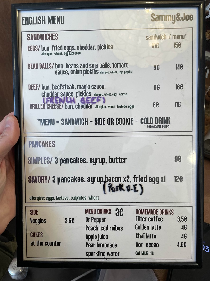 Sammy and Joe paris menu 1