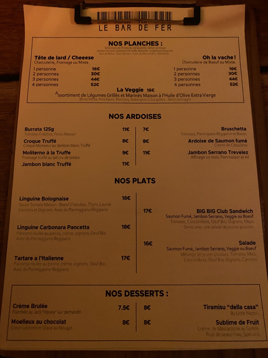 Le Bar de Fer menu 1