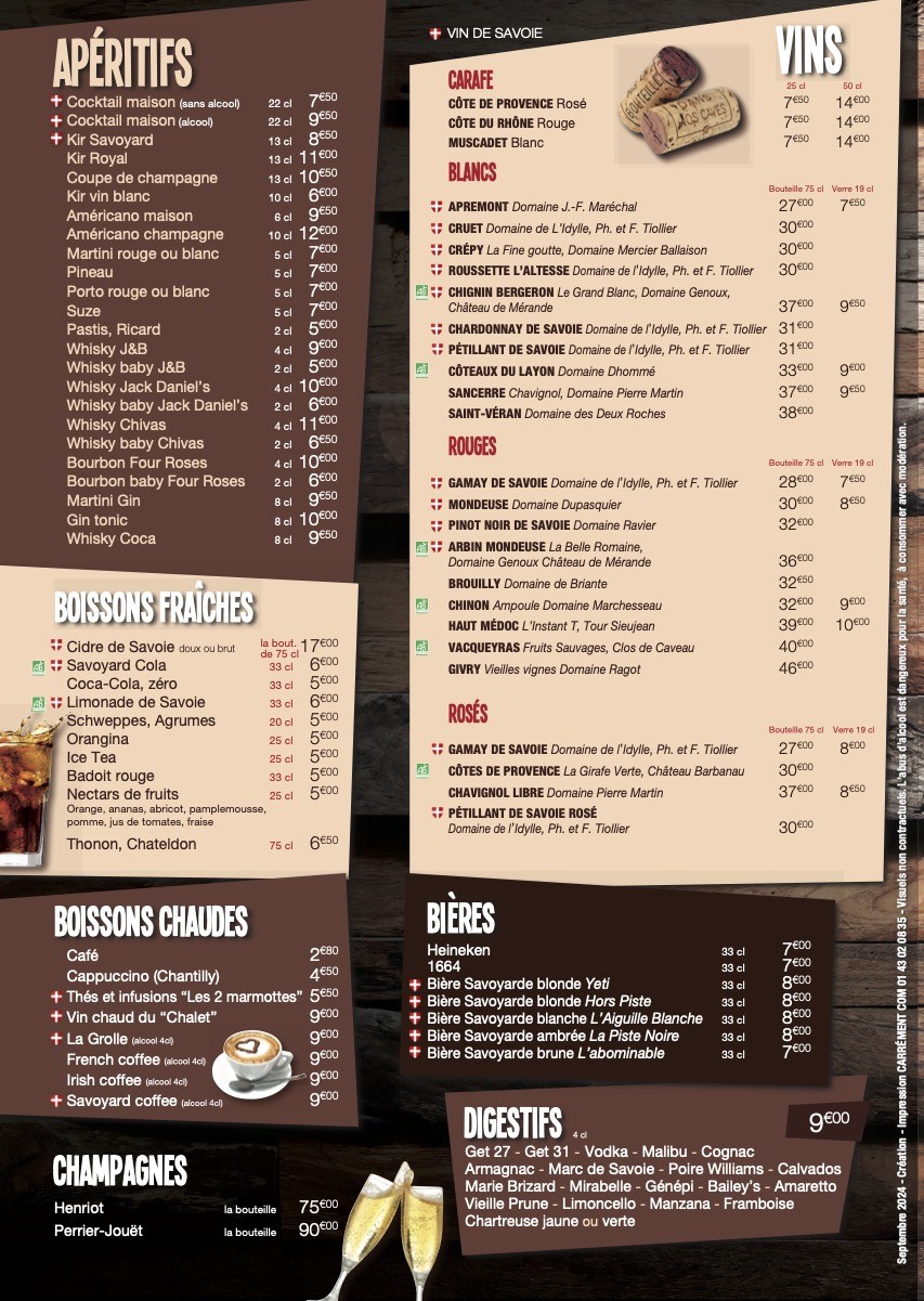 Le Chalet Savoyard menu 1