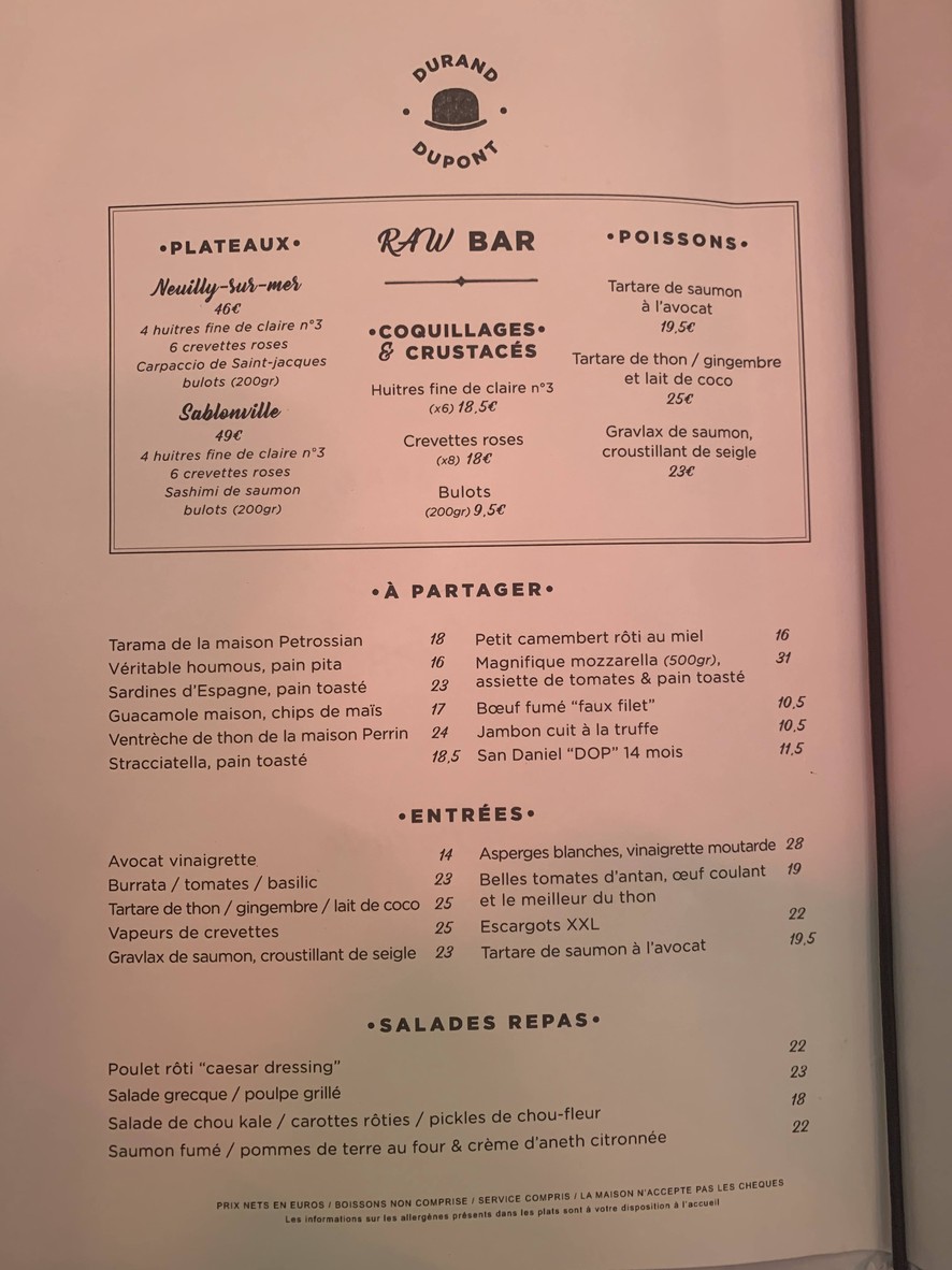 Durant Dupont menu 1