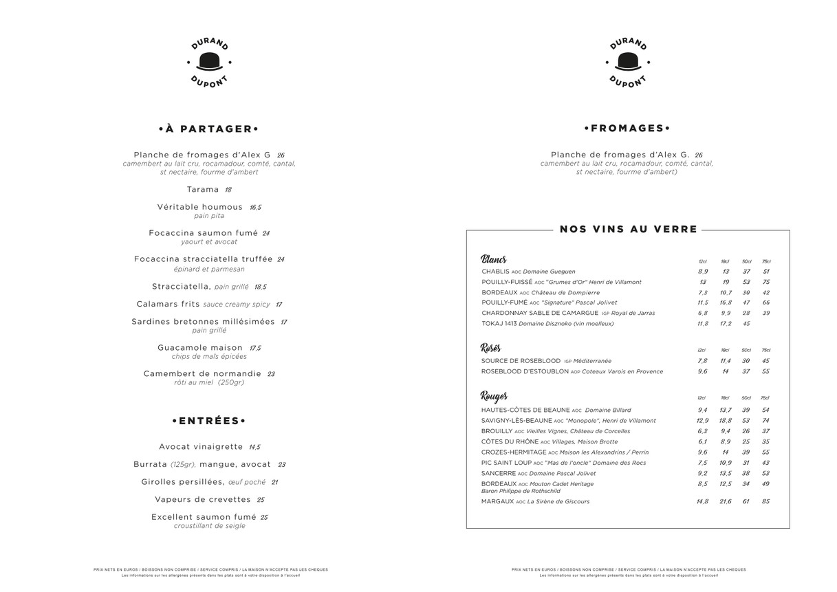 Durant Dupont menu 2