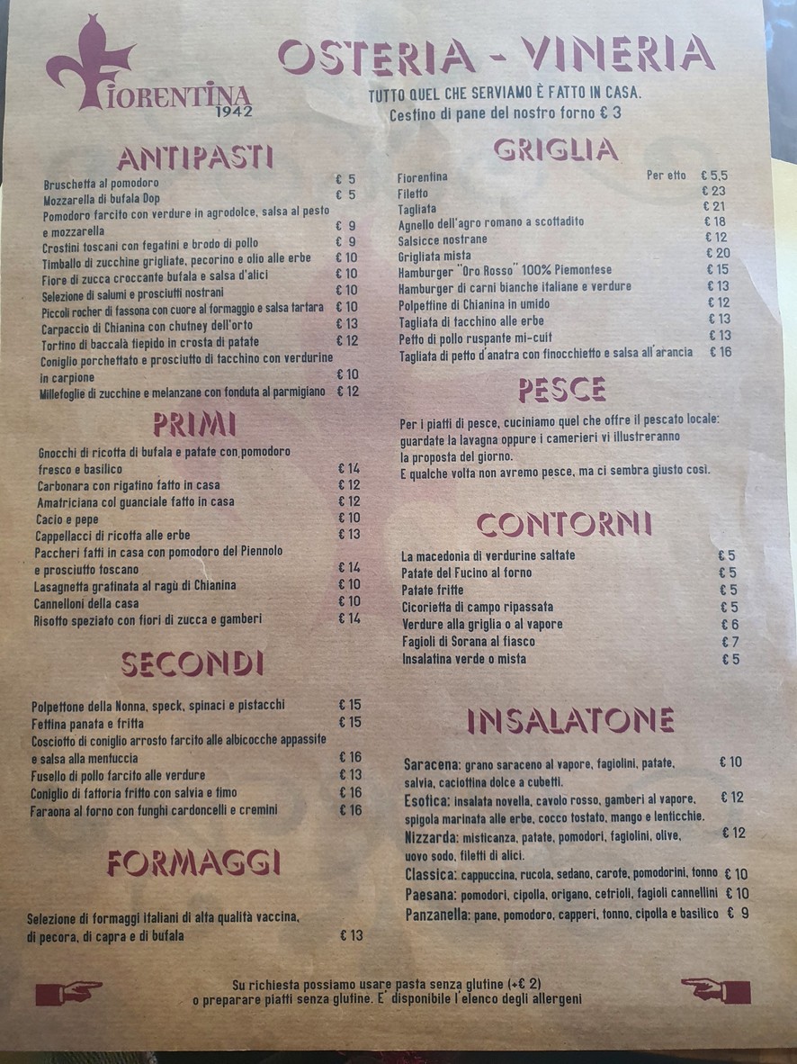 La Fiorentina menu 1