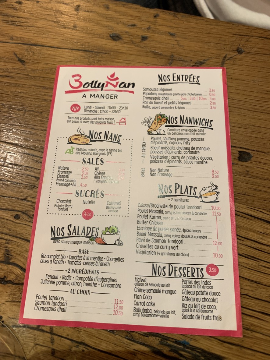 Bollynan Comida callejera india - Grands Boulevards menu 1