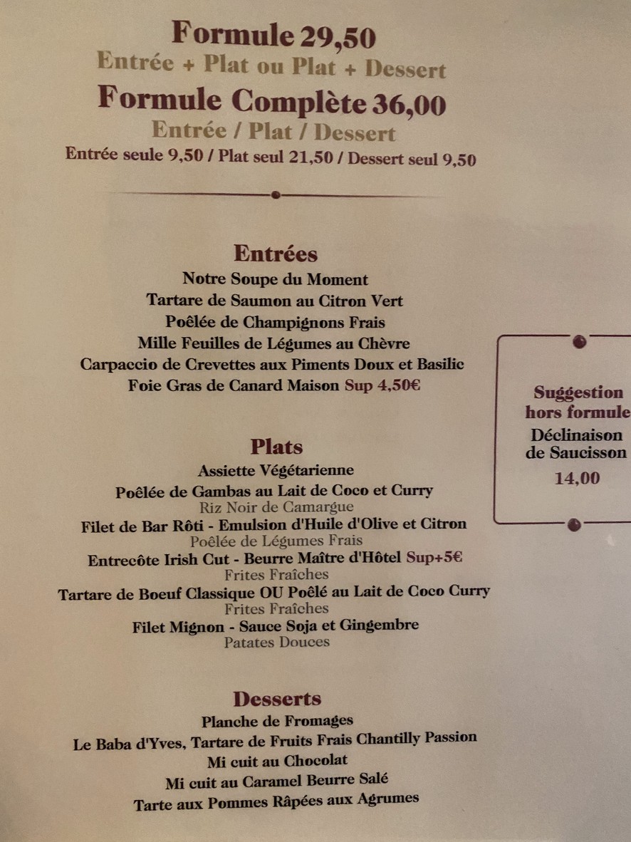 Le Bistrot d'Yves menu 1