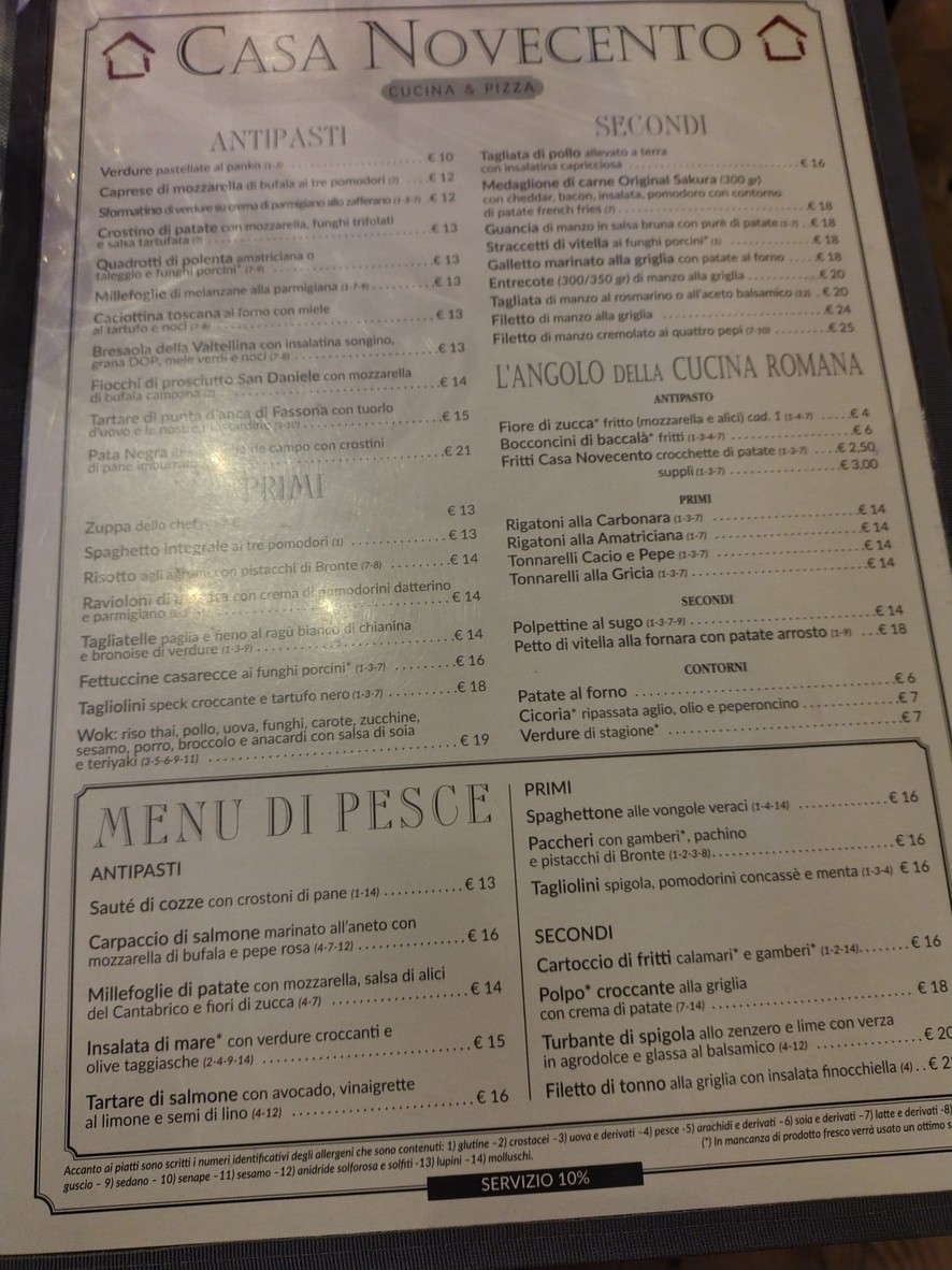 Casa Novecento menu 1