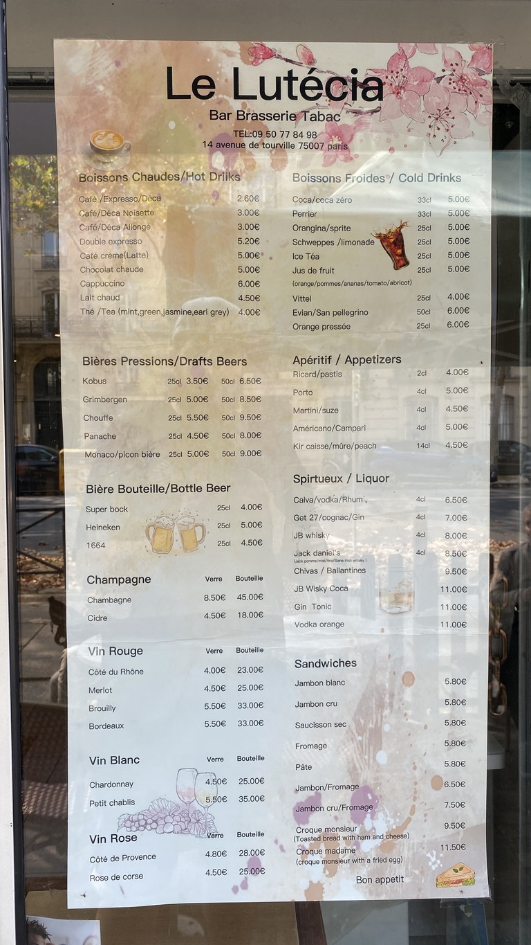 Le Lutétia menu 1