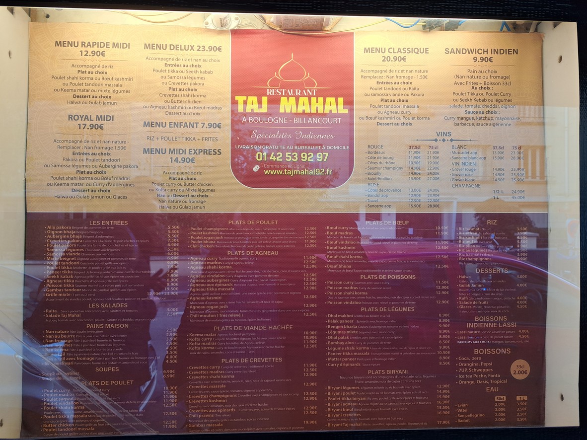 Taj Mahal Boulogne Billancourt menu 1