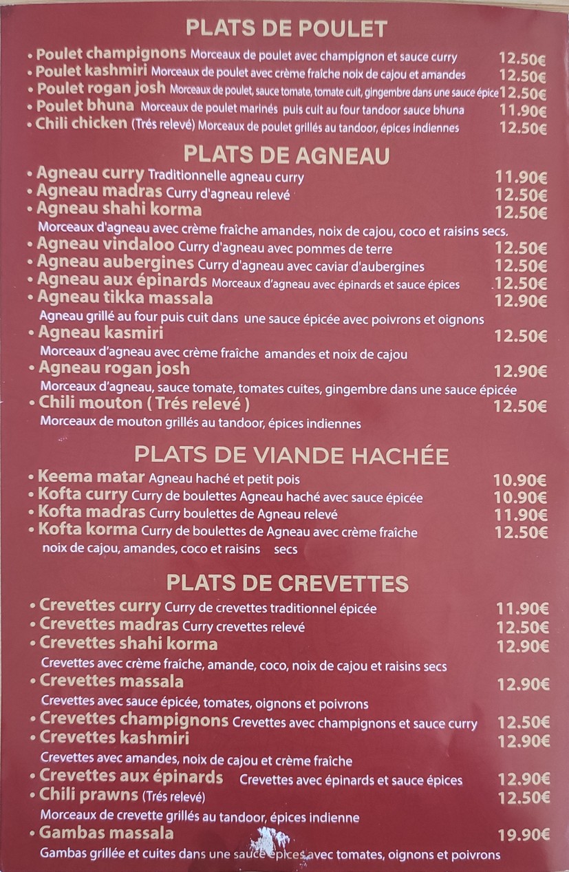 Taj Mahal Boulogne Billancourt menu 2