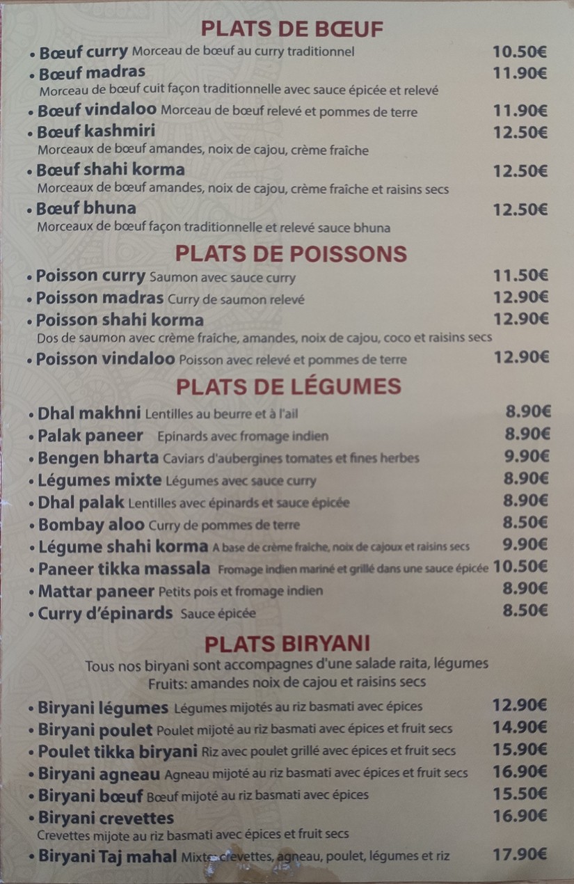 Taj Mahal Boulogne Billancourt menu 3