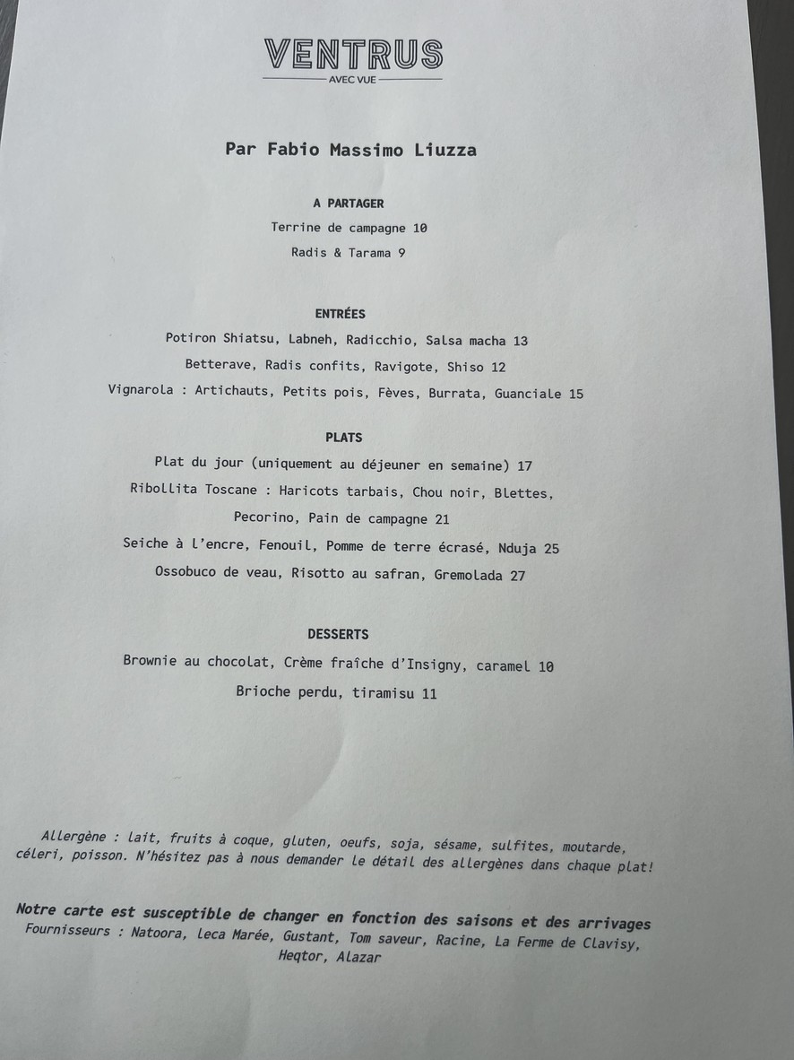 Restaurant Ventrus - Parc de La Villette menu 1