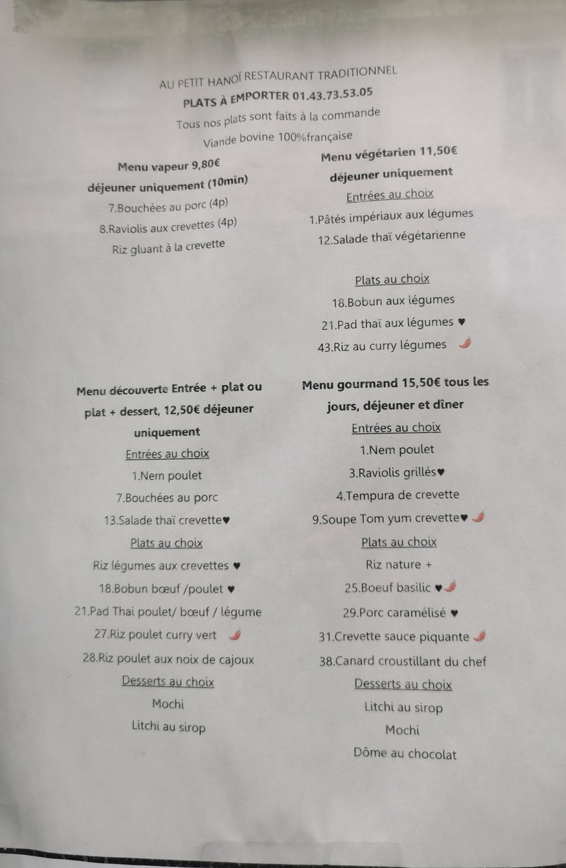 Au Petit Hanoï menu 1