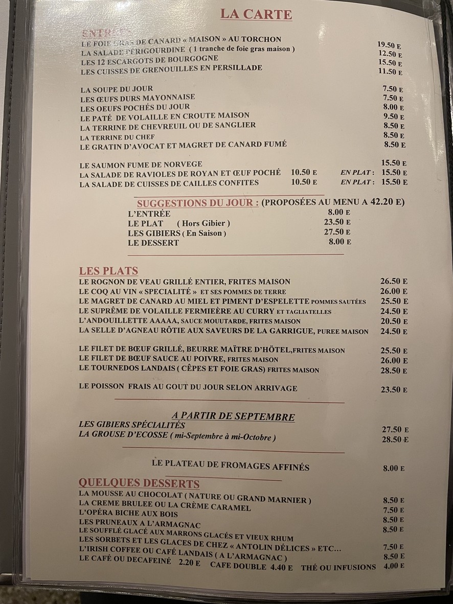 À la Biche au Bois menu 2
