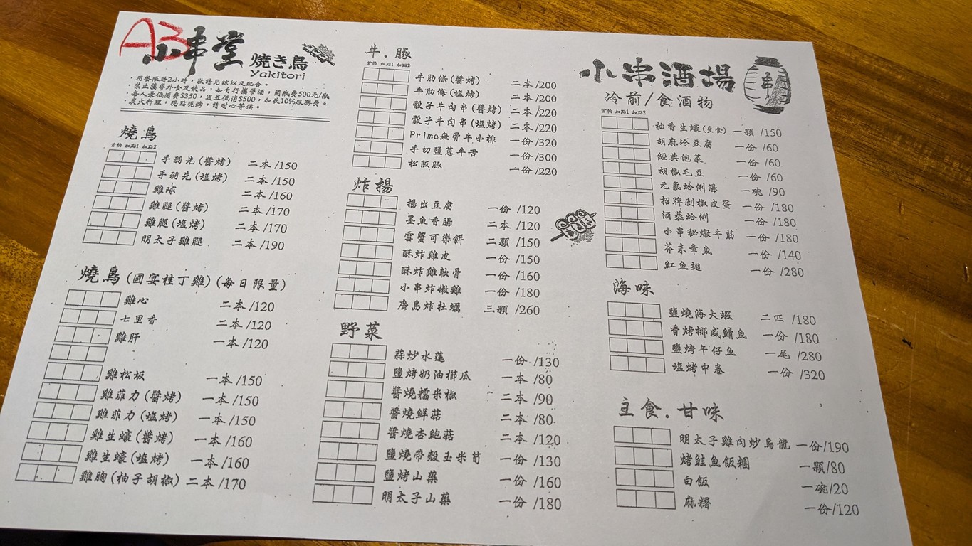 Xiǎo chuàn táng / Xiǎo chuàn jiǔchǎng / Jūjiǔwū menu 1