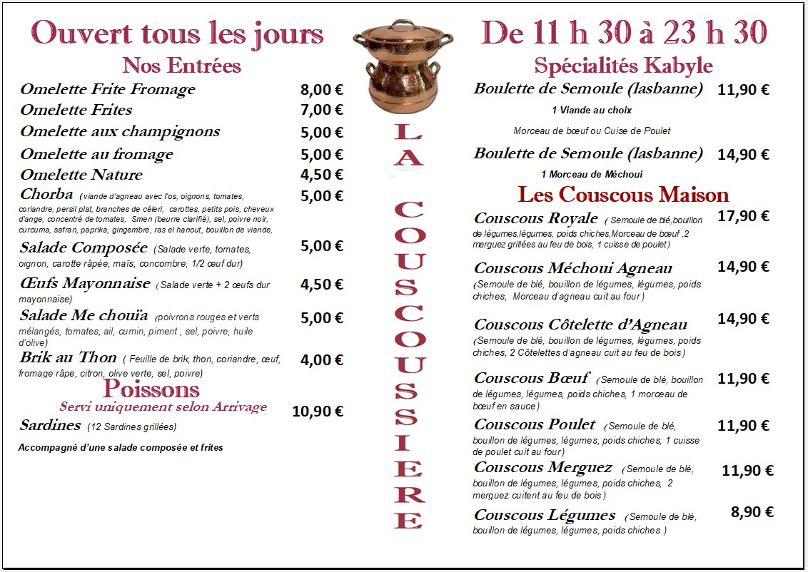 la couscoussiere menu 1