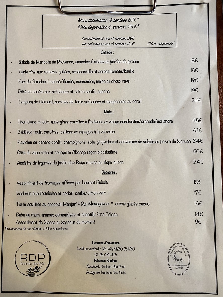 Racines des Prés menu 1