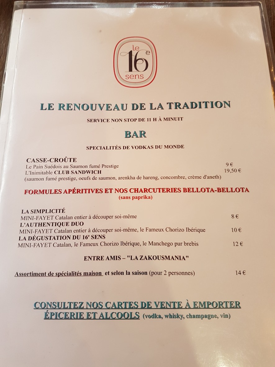 Le 16e Sens menu 1
