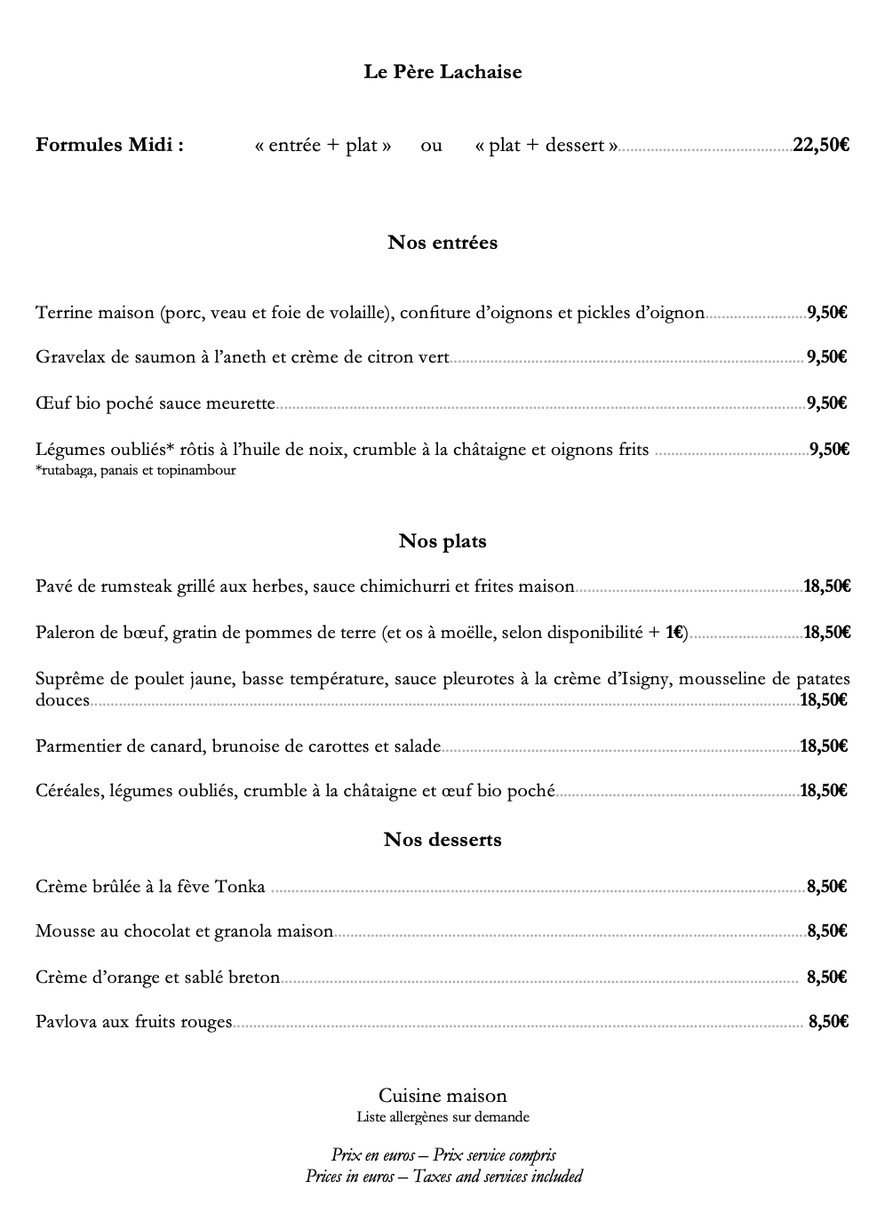 Le Père Lachaise menu 1