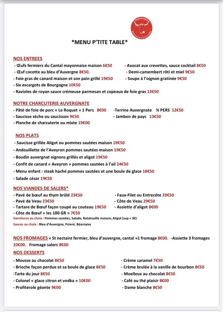 Restaurant la P'tite Table menu 1