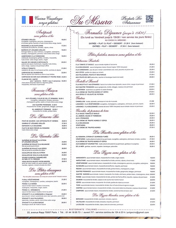 Su Misura menu 1