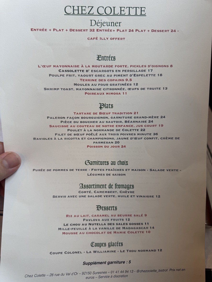 Chez Colette menu 1